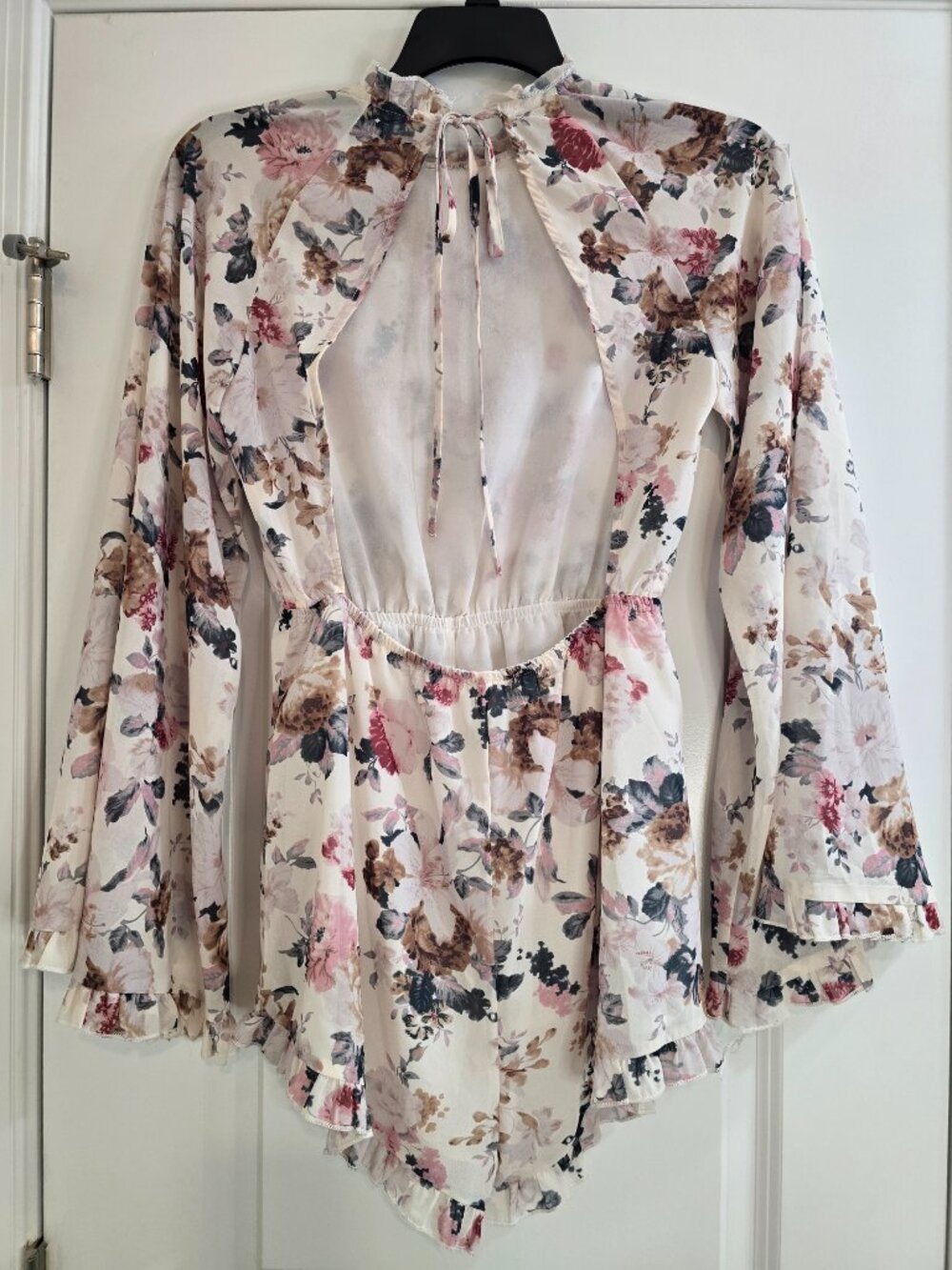 Shein Floral Open Back Romper With Long Bell Sleeves - Picture 3 of 10